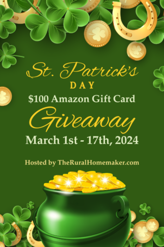st patricks day giveaway image with green background, gold letters, horseshoes, and a pot of gold to announce the $100 Amazon Gift Card Giveaway